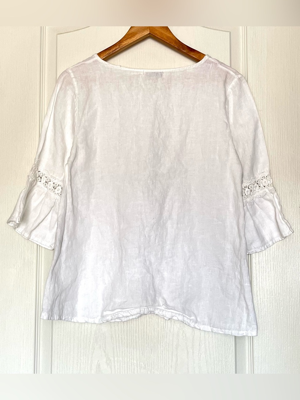 Terzo Millennio Italy White 100% Linen Lace Sleeve Boho Lagenlook Blouse Size M - Picture 2 of 14